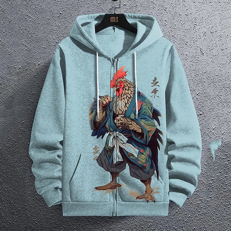 Men's Japanese Rooster Samurai Print Hooded Zip-Up Jacket