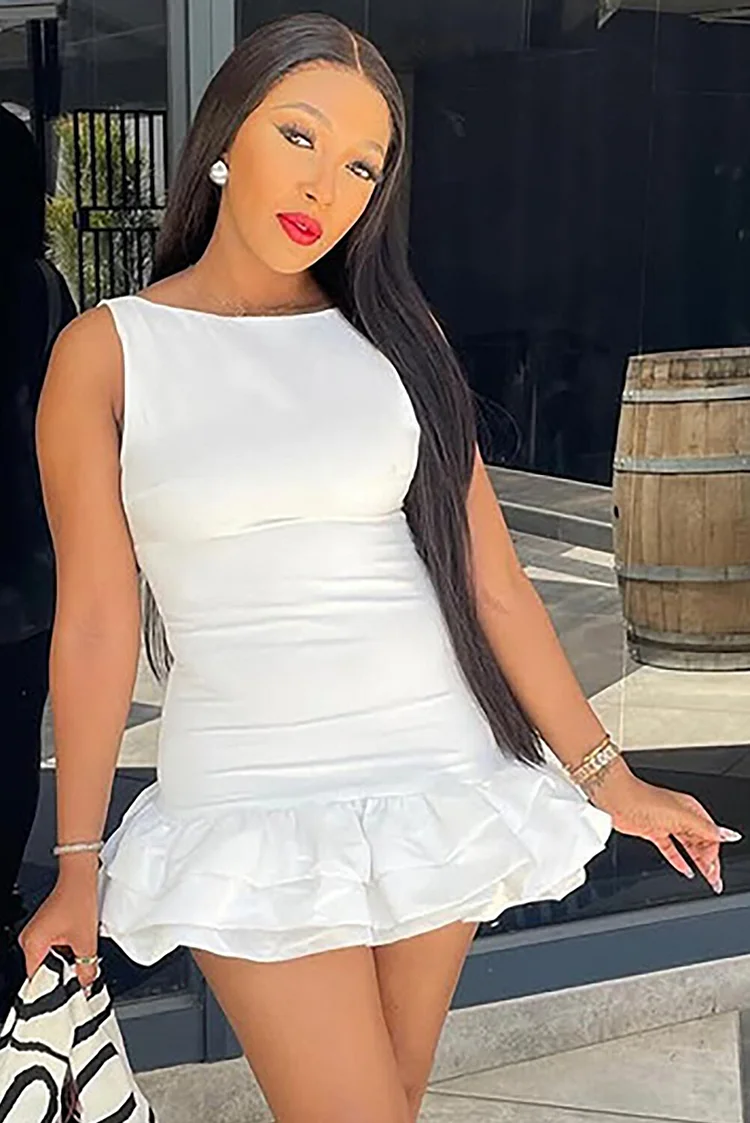 Sleeveless Solid Color Slim Fit Layered Ruffled Mini Dresses-White
