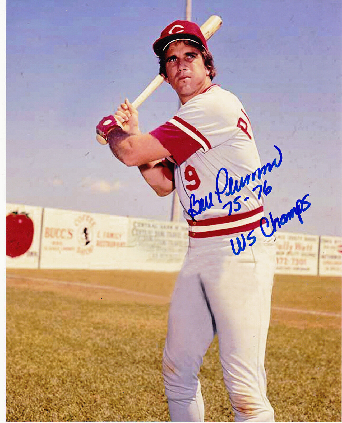 BILL PLUMMER CINCINNAT REDS 75-76 WS CHAMPS ACTION SIGNED 8x10