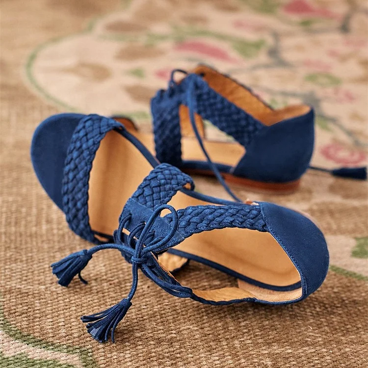 Navy Vegan Suede Braided Strap Lace Up Flat Sandals for Women |FSJ Shoes