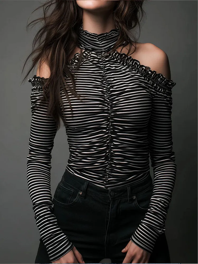 Classic High Neck Striped Cold-Shoulder Ruched Top