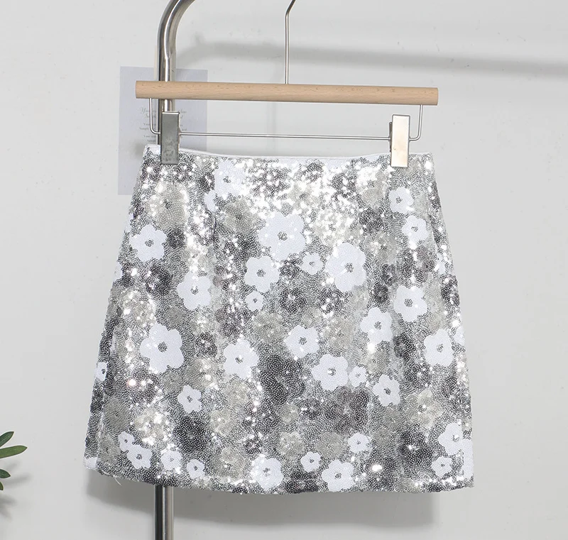 Nigikala Nigikala Heavy Industry Lighting Flowers A-Word Skirt High Waist Thin Ass Anti-Light Short Skirt Women 8158