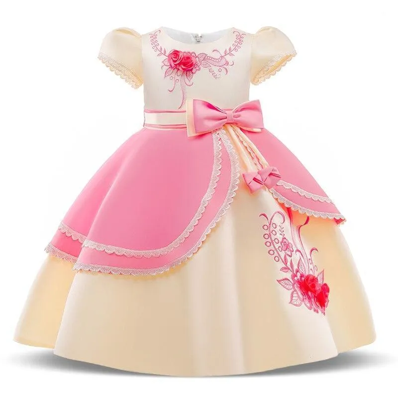 2021 Formal Kids Vintage Embroidery Dress For Girl Children Costume Prom Party Princess Dresses Girls Vestido Short Sleeve Gown 1113-1