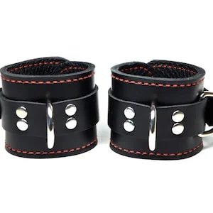 pornhint Pornhint Locking Leather Cuffs - Black with Soft Black Lining - Pair of Wrist Cuffs (or) Ankle Cuffs - Choice of Color Stitching