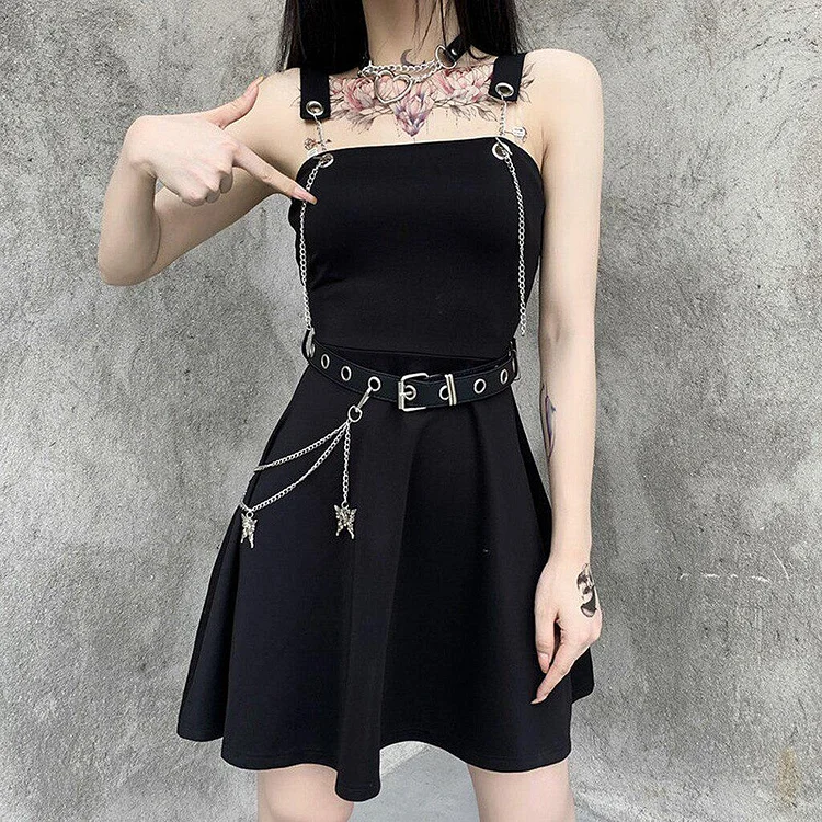 GOTH DARK CHAINED BLACK MINI DRESS