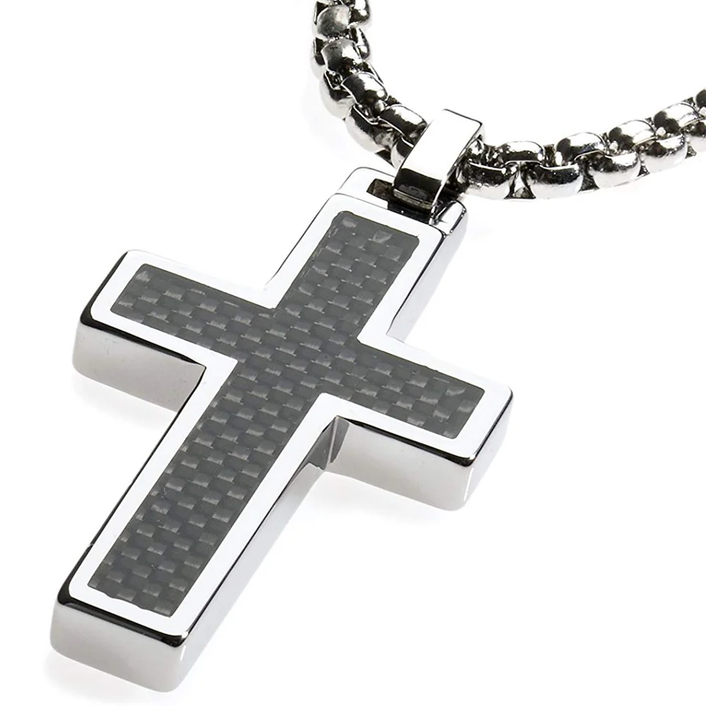 Women's Or Men's Tungsten Cross Pendant .4mm Surgical Stainless Steel Box Chain. Tungsten Cross Black Carbon Fiber Inlay Necklace Jewelry Gifts For Mens And Womens