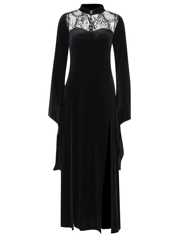 Witch Velvet Lace Paneled High Split Bodycon Dress