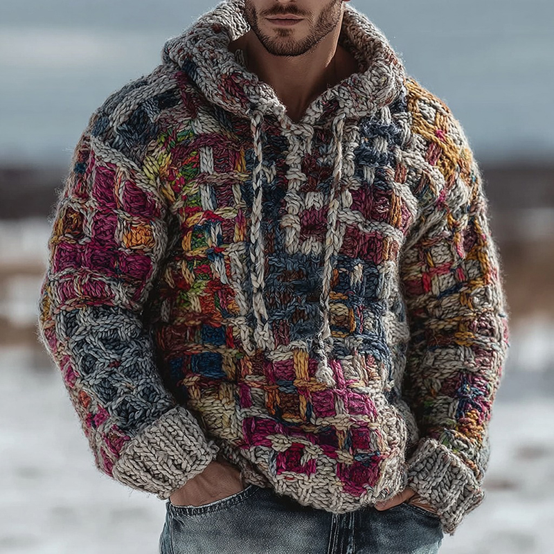 menweary Men's Fair Isle Knit Jacquard Hooded Sweater