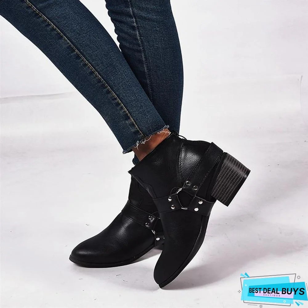 Women Boots Vintage Leather High Heels Shoes Bota Woman Autumn Short Boot Winter Buckle Daily Ankle Boots