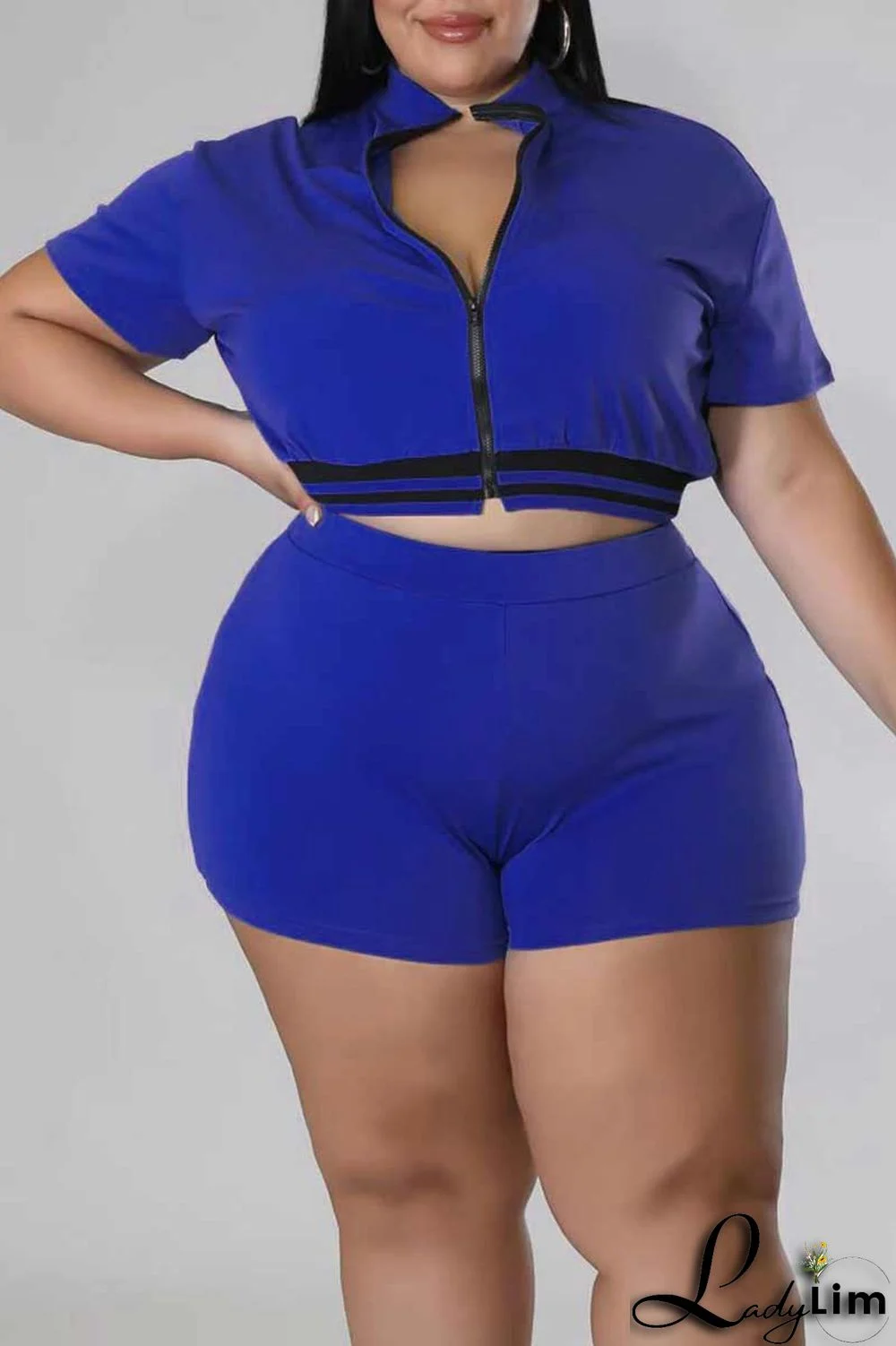 Black Casual Solid Patchwork Zipper Plus Size Two Pieces