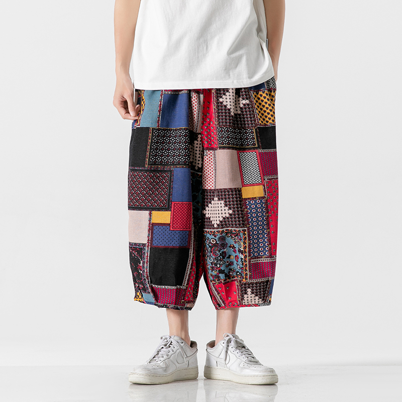 2025 Summer Men Flowers Harem Pants Men Joggers Chinese Style Calf-Length Casual Hanging Crotch Pants Male Capris Trousers