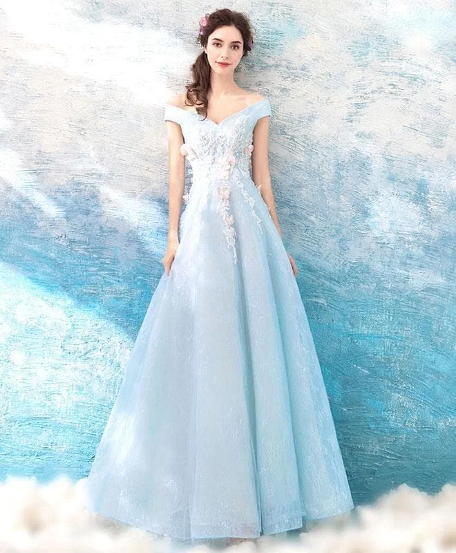 Pink V Neck Tulle Lace Long Prom Dress, Blue Evening Dress