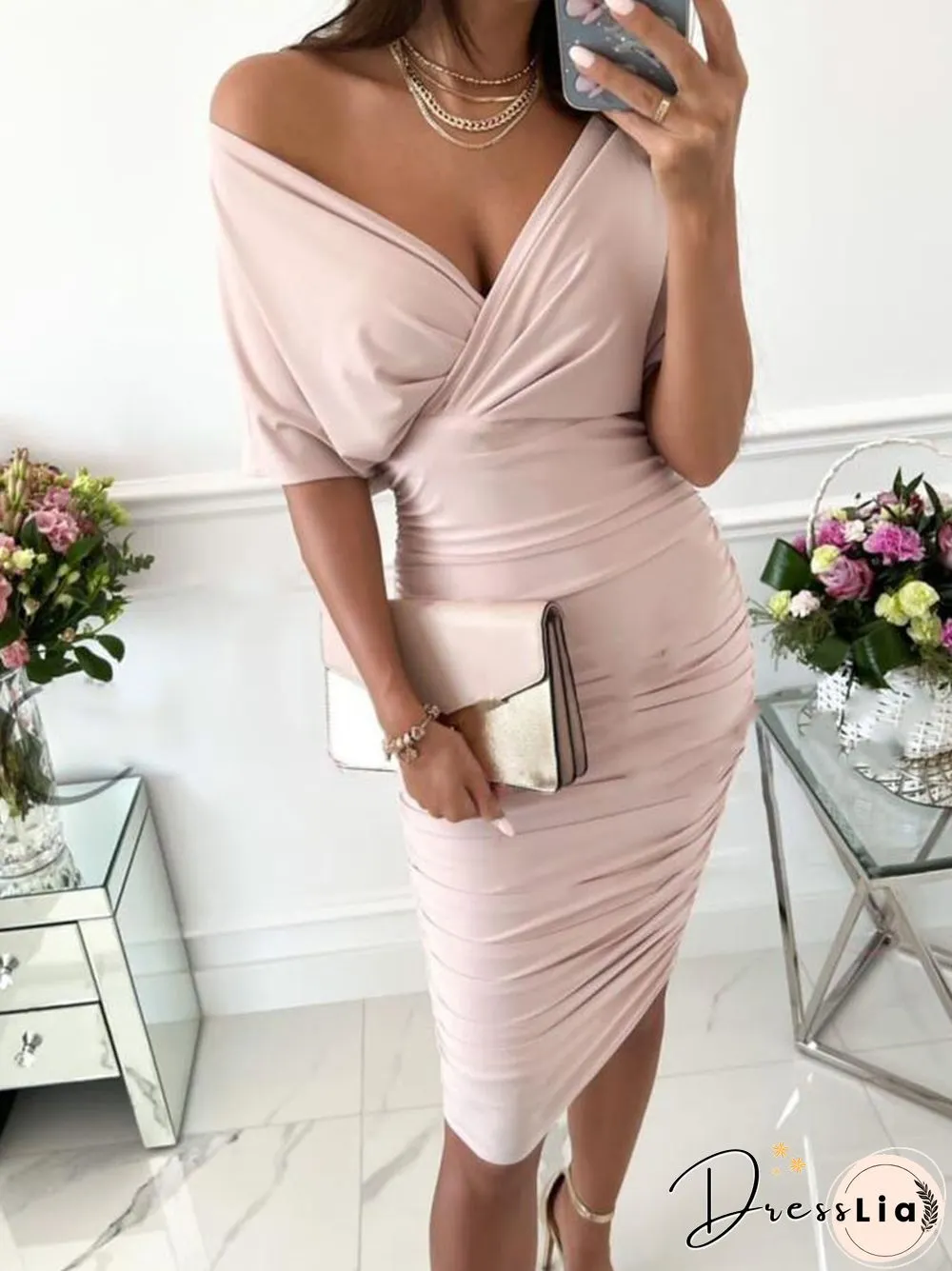 Summer Elegant Short Sleeve Chic V-Neck Mid Length Dress Lady Sexy Solid Tight Party Dress Fashion Temperament Slim Office Dress