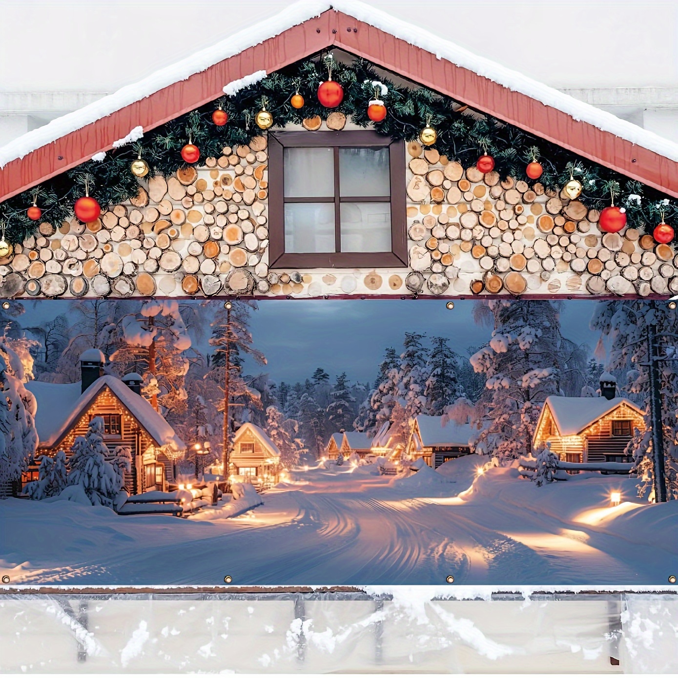 Tegooe Durable Outdoor Christmas Garage Door Banner Snow Village Log Cabin Scene Holiday Decor Multi-Size