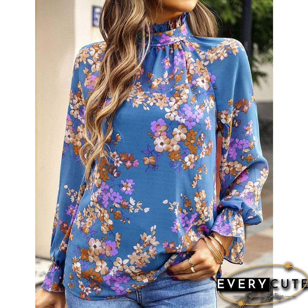 Blue Floral Print Chiffon Long Sleeve Blouse