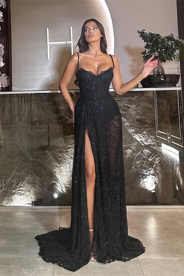 Bellasprom Black Spaghetti-Straps Sleeveless Mermaid Prom Dress With Split Sequins Bellasprom