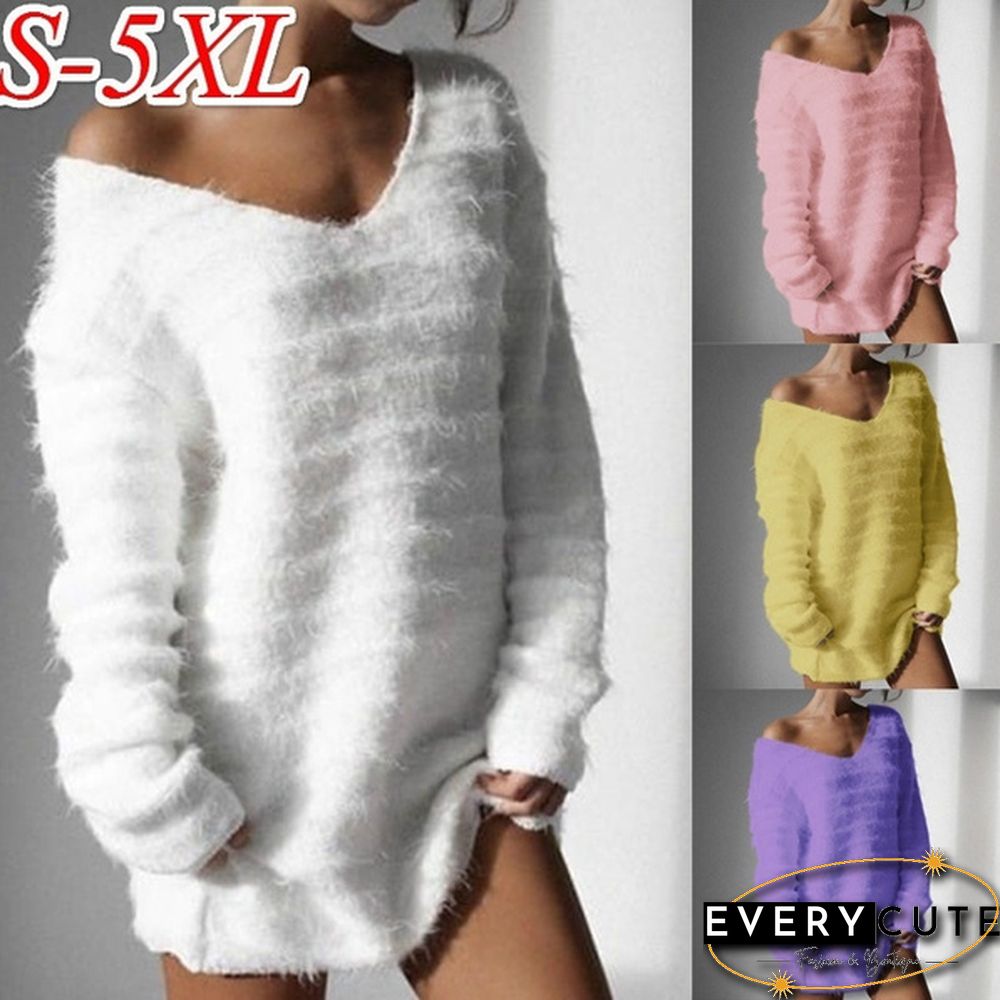 High Quality Women Plus Size S-5XL Long Sleeve V Neck Sweater Dress Casual Autumn Winter Warm Pullover Dress Casual Sweater