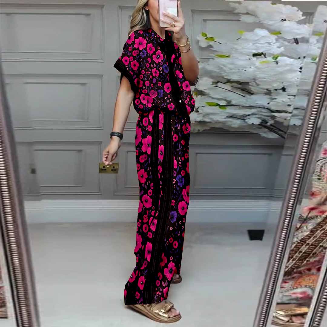 Women Floral, Red, Black DZDL1166 V-neck Short Sleeve Blouse and Pants Set