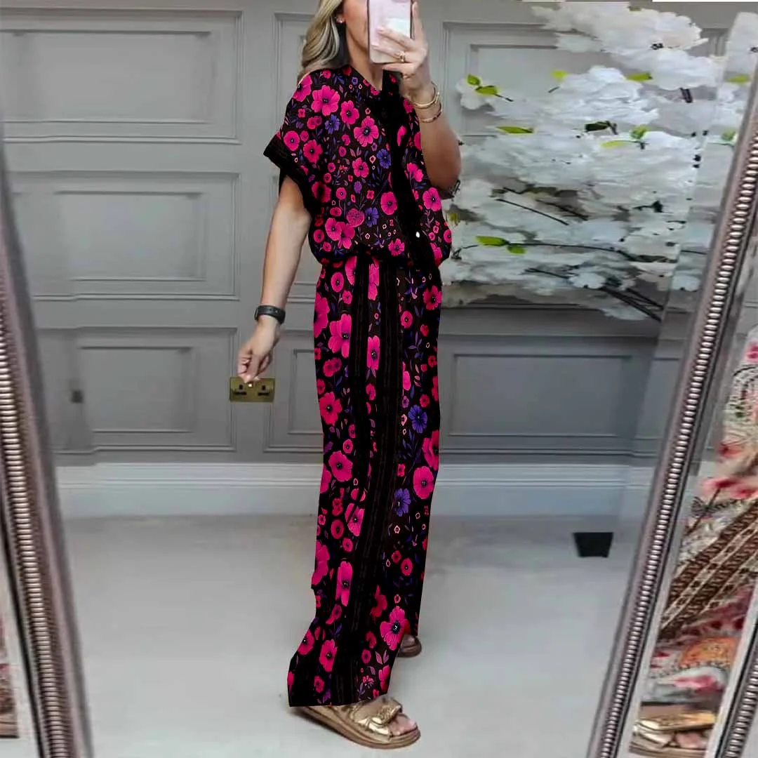 Women Floral, Red, Black DZDL1166 V-neck Short Sleeve Blouse and Pants Set