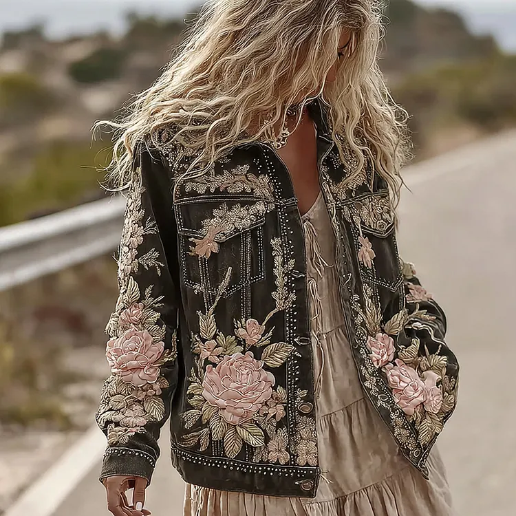 Vintage Romantic Pink Roses Embroidery Denim Jacket