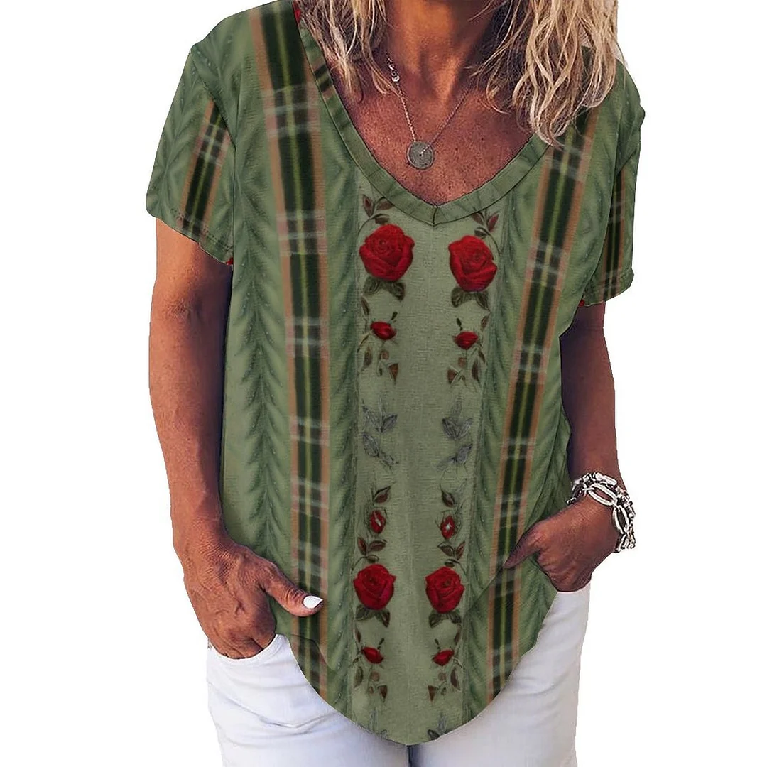 V-neck Short Sleeve Casual T-shirt for  Women Printed with Pattern Green, Rose, Floral, Vintage