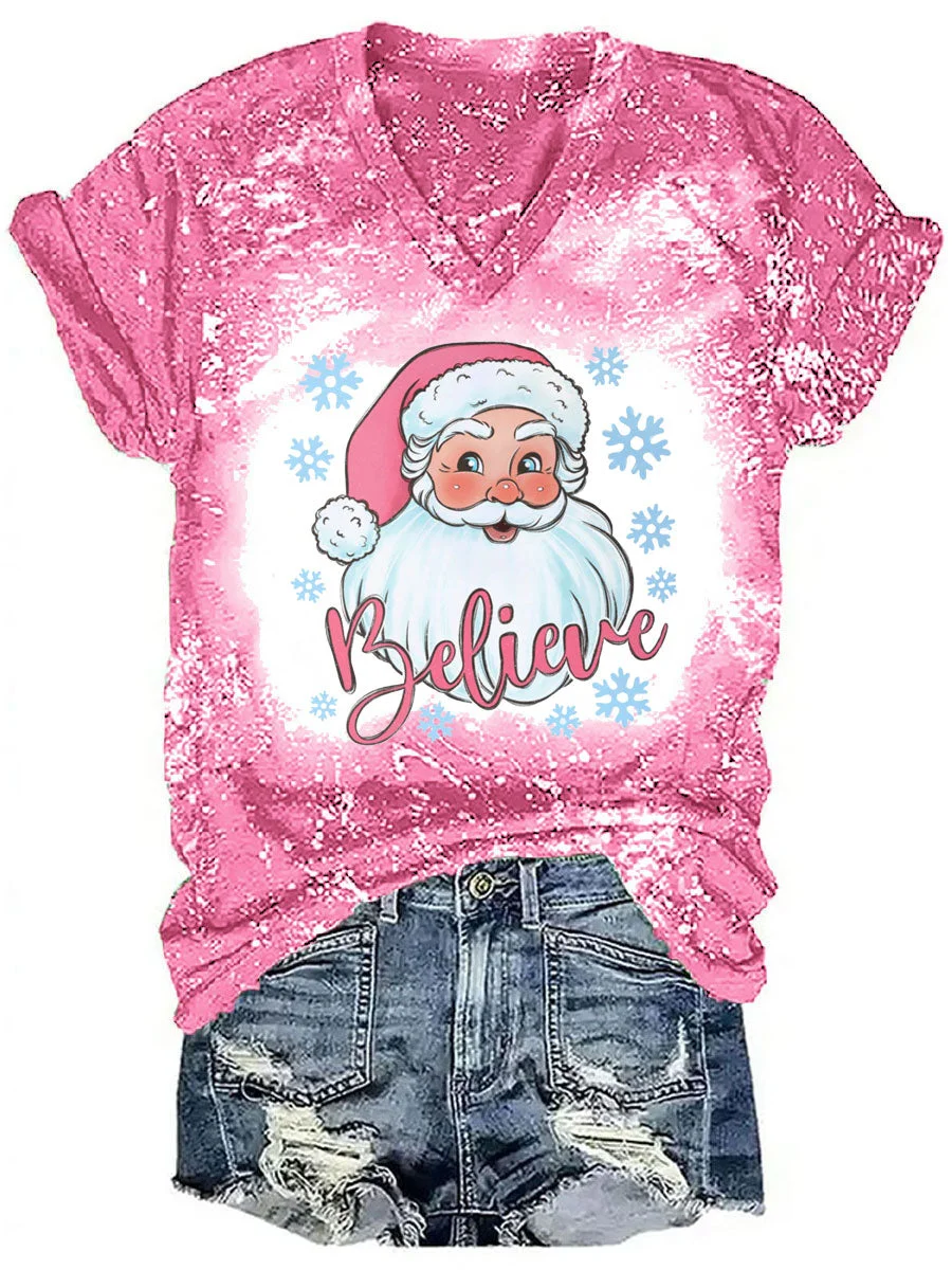 Pink Christmas Santa Believe Tie Dye V-neck T-shirt