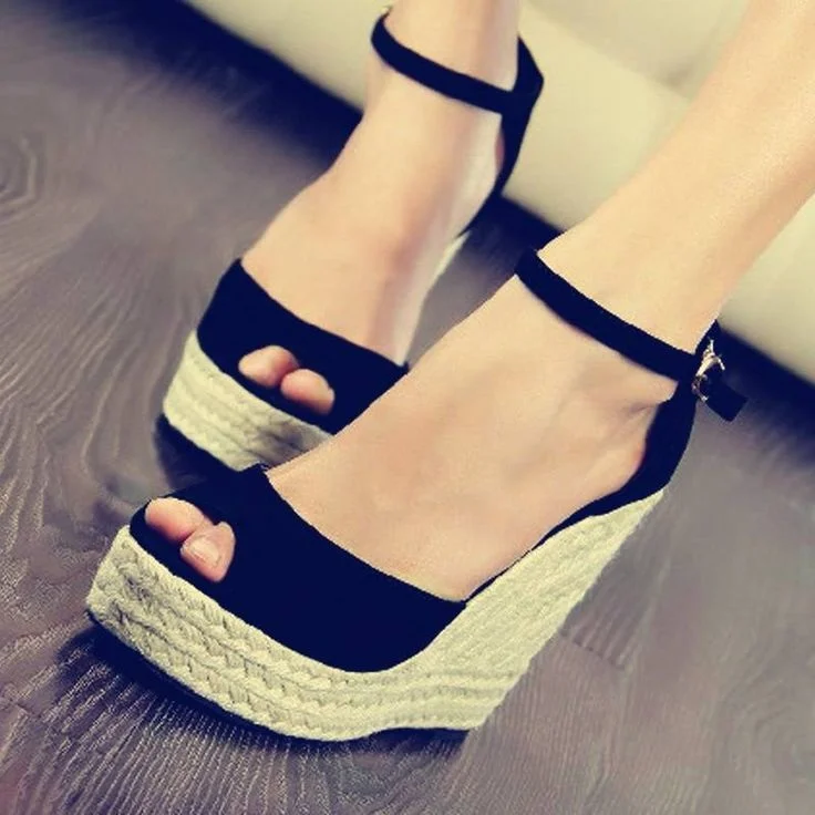 Black Vegan Suede Espadrille Sandals Peep Toe Platform Wedge Sandals |FSJ Shoes