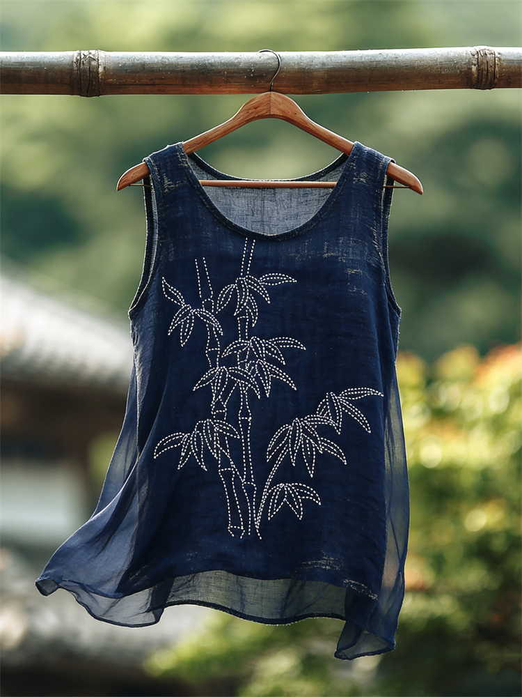Bamboo Japanese Sashiko Art Flowy Linen Tank Top wearshes