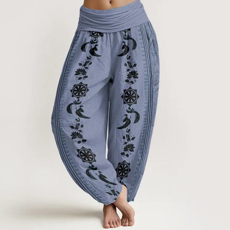Cotton Dharma Wheel Lotus OM Pattern Women's Elastic Waist Harem Pants