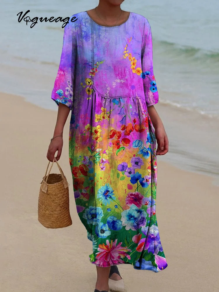 Beautiful And Gentle Flowers Printed Women's Casual Cotton And Linen Dress
