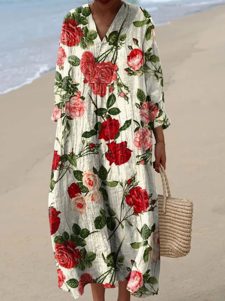 Womens Realistic Long Rose Floral Pattern Print Casual Dress
