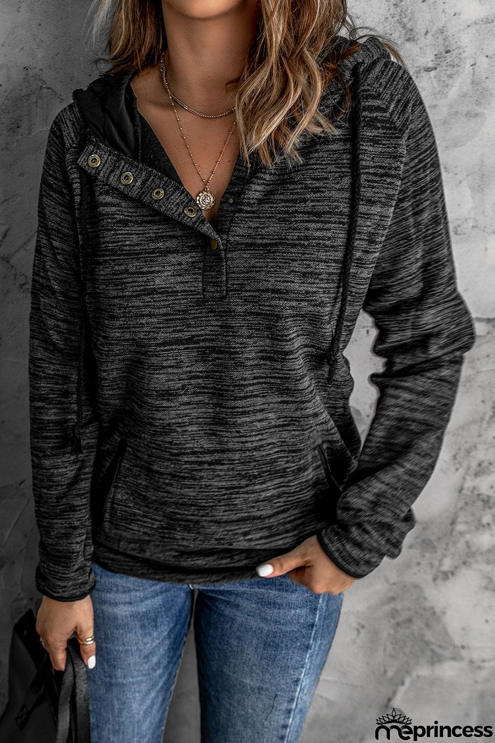Women's Black Heathered Print Button Snap Neck Pullover Hoodie