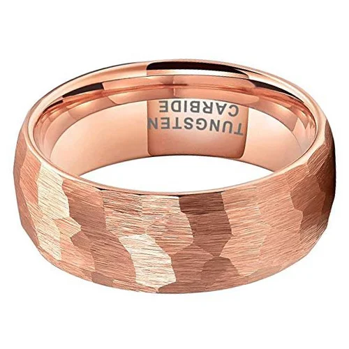4MM 6MM 8MM Rose Gold Hammered Tungsten Domed Matte Finish Wedding Bands For Men Women