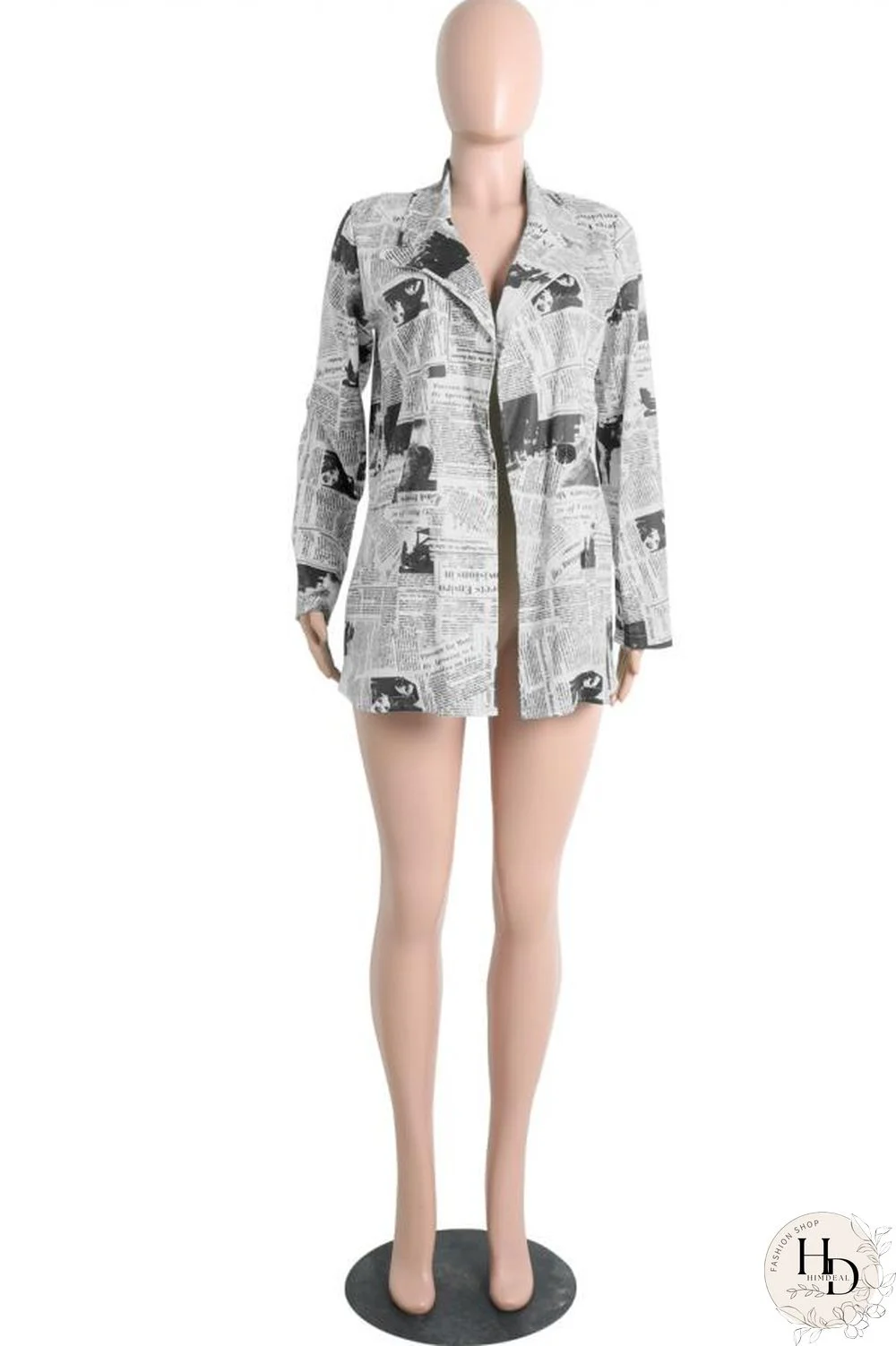 White cardigan Long Sleeve Solid Print Newspaper Blouses & Shirts