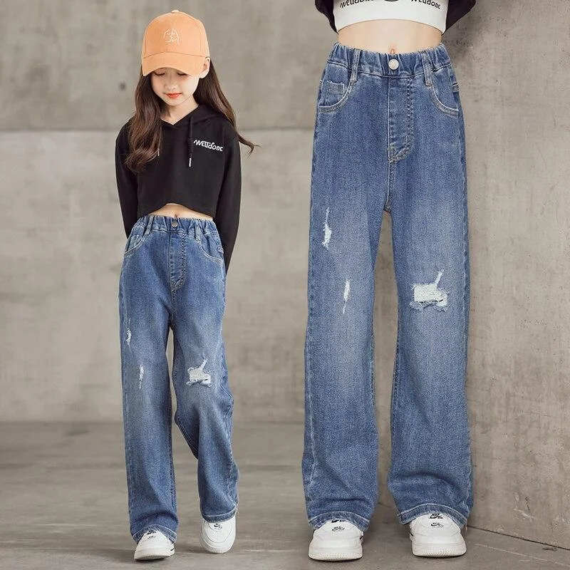 New Korean Ripped Wide-leg Girls Jeans Solid Elastic Waist Straight Kids Trousers 3-15 Years Old Spring and Autumn Kids Clothes
