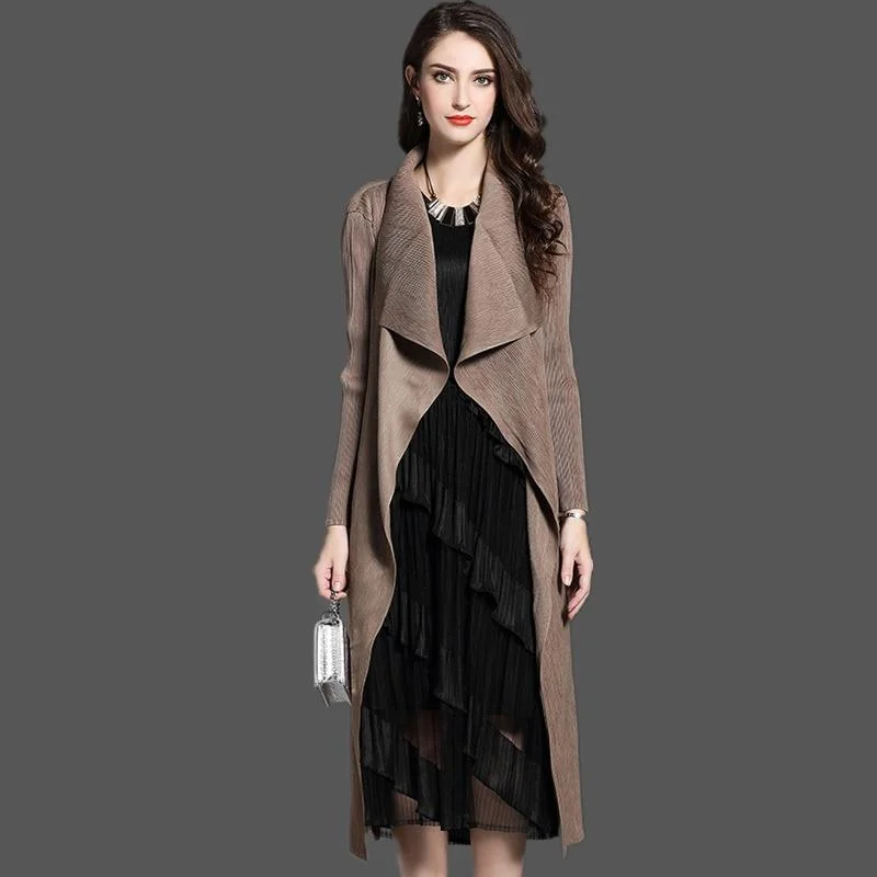 Women Fashion Pleated Long Windbreaker Turn Down Collar Open Cardigan Black Green Gray Red Khaki  Female Clothing Coat Shawl