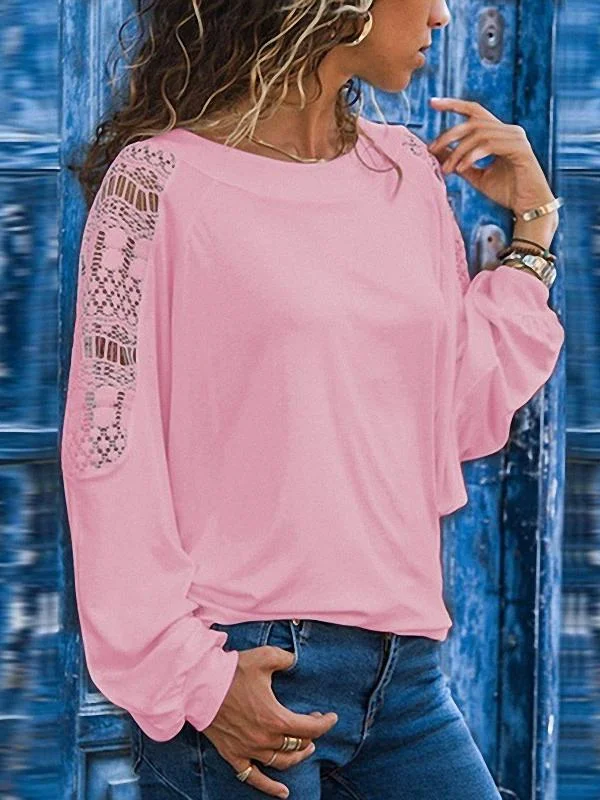 Round Neck Long Sleeve Lace Patchwork T-Shirts