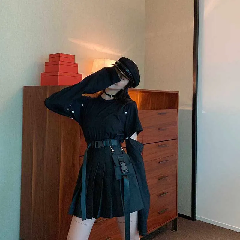 NiceMix black set A-line Women Sexy Mini High Waist Skirt Streetwear Women Punk Style Side Pocket Fashion Design Pleated Skirt