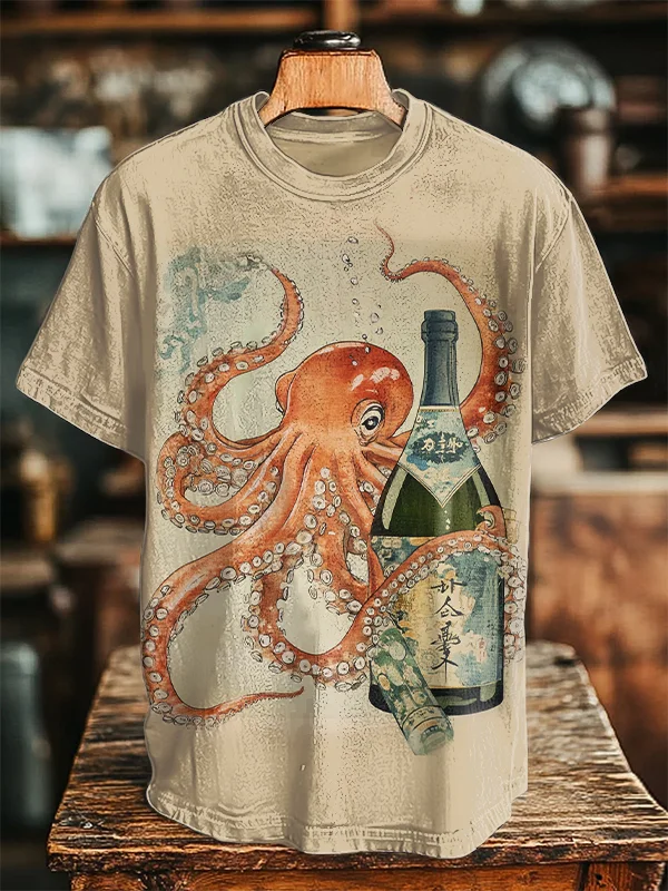 Men's Octopus Opens Champagne Art Print T-Shirt