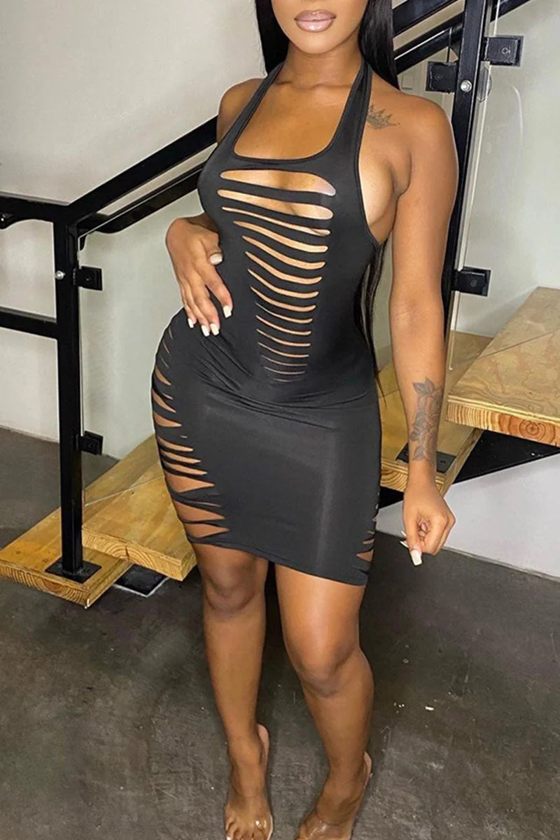 Sexy Solid Hollowed Out Split Joint Backless Halter Pencil Skirt Dresses