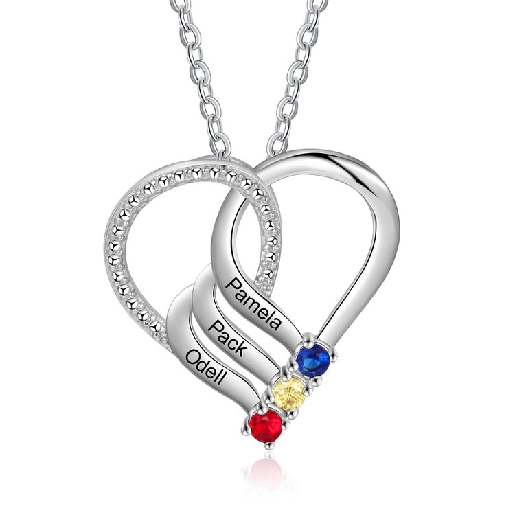 Collar con colgantes personalizados de corazón con 3 nombres y 3 piedras de nacimiento