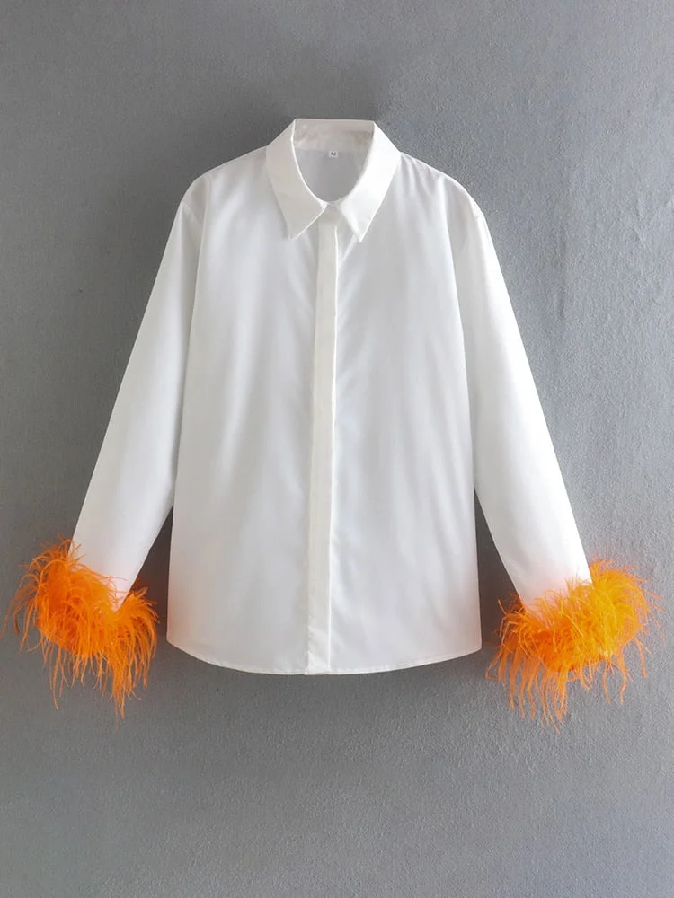 Back to school  Elegant Feathers Long Sleeve Shirt Casual Turn Down Collar Buttons Blouse Women Solid Chic Tops Streetwear Tunics Clothing 2022