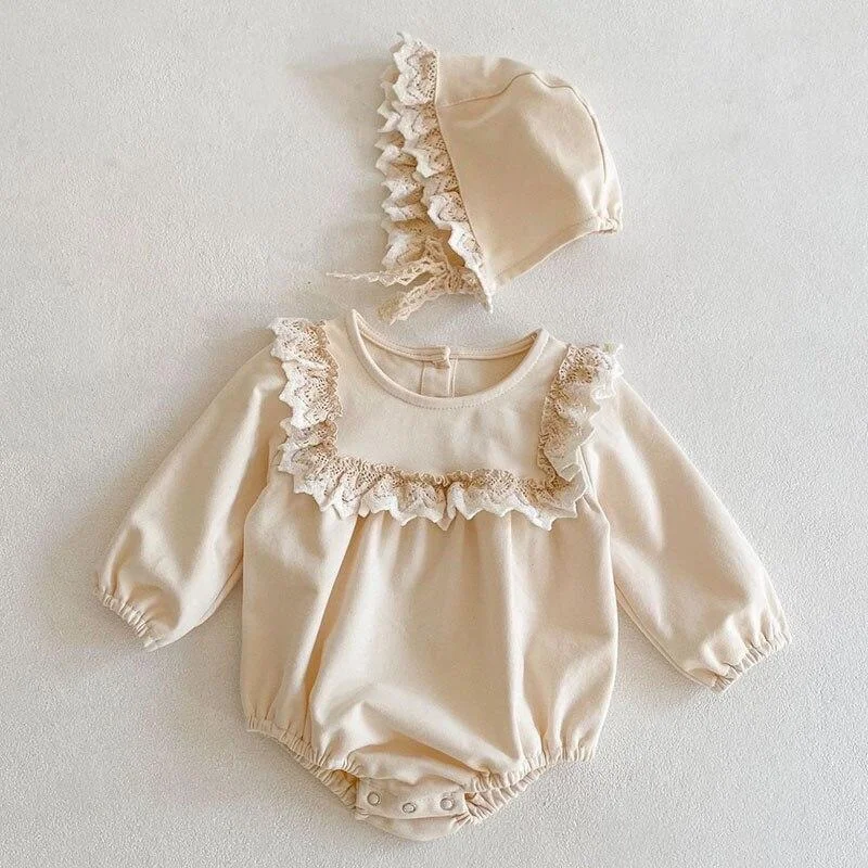 New 2021 Spring Autumn Infant Baby Girls Lace Rompers + Hat Clothing Kids Girl Long Sleeve Rompers Clothes