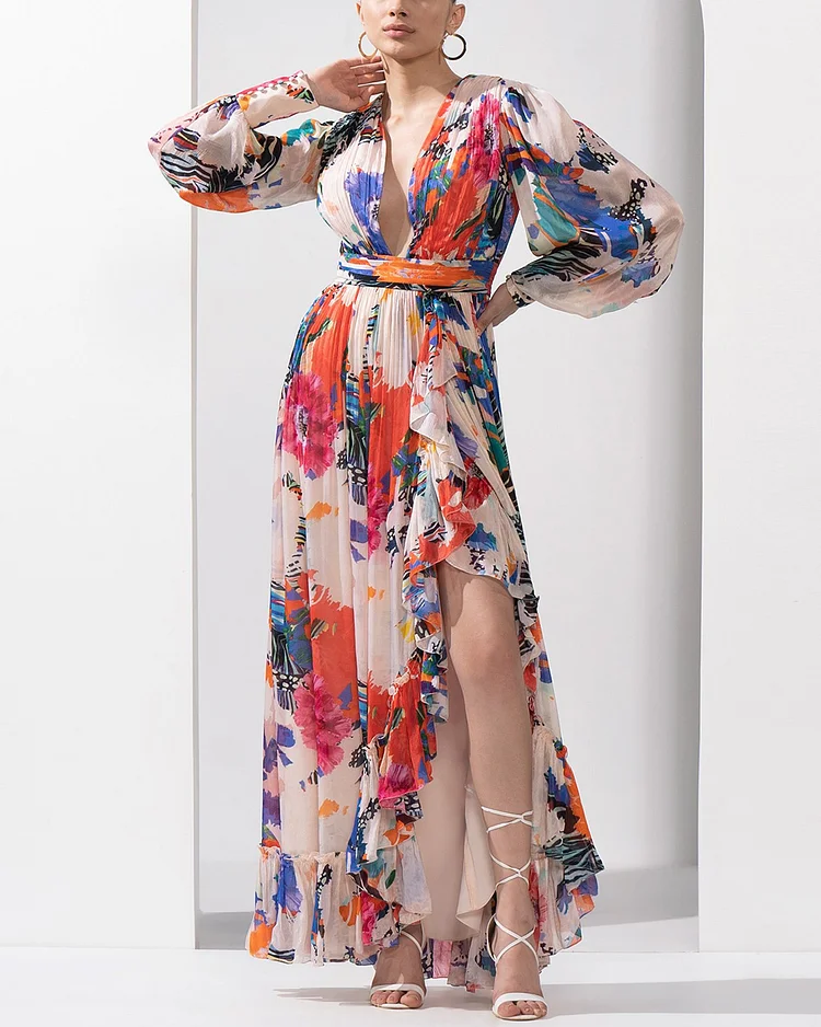 Chiffon Garden Print Slit Gown