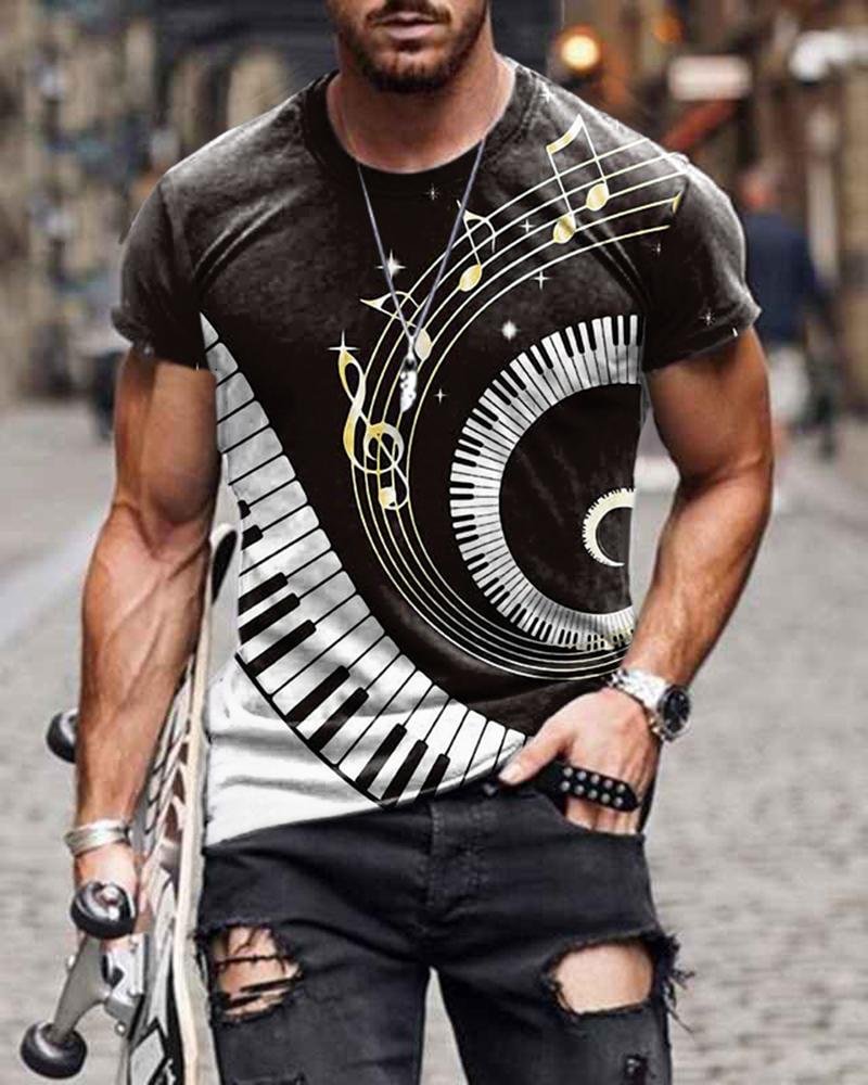 Casual Black Piano Notes Short Sleeve T-shirt