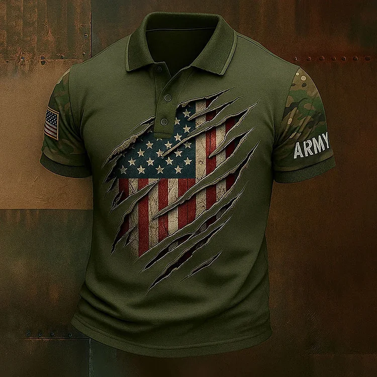 Men's Vintage Army Print Casual Polo Shirt