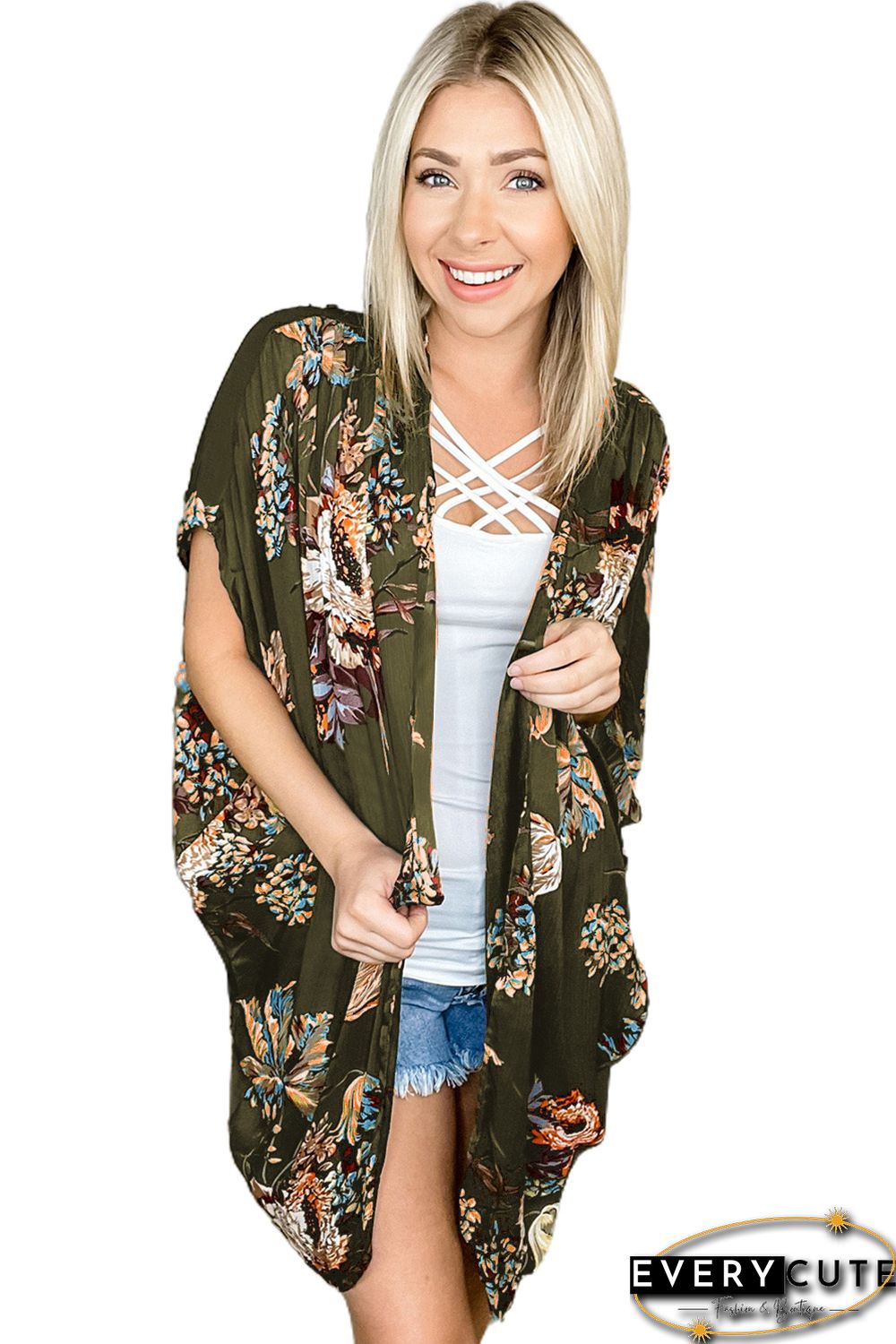 Olive Floral Print Kimono