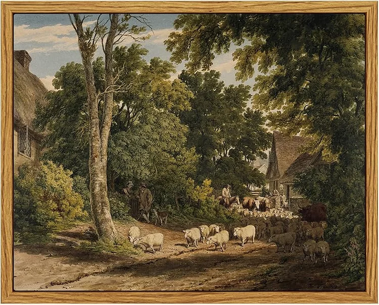 InSimSea Framed Canvas Wall Art Vintage Decor, Room Decor Classical Countryside Landscape Farmhouse Watercolor Painting, Large Wall Art for Living Room Badroom Bathroom