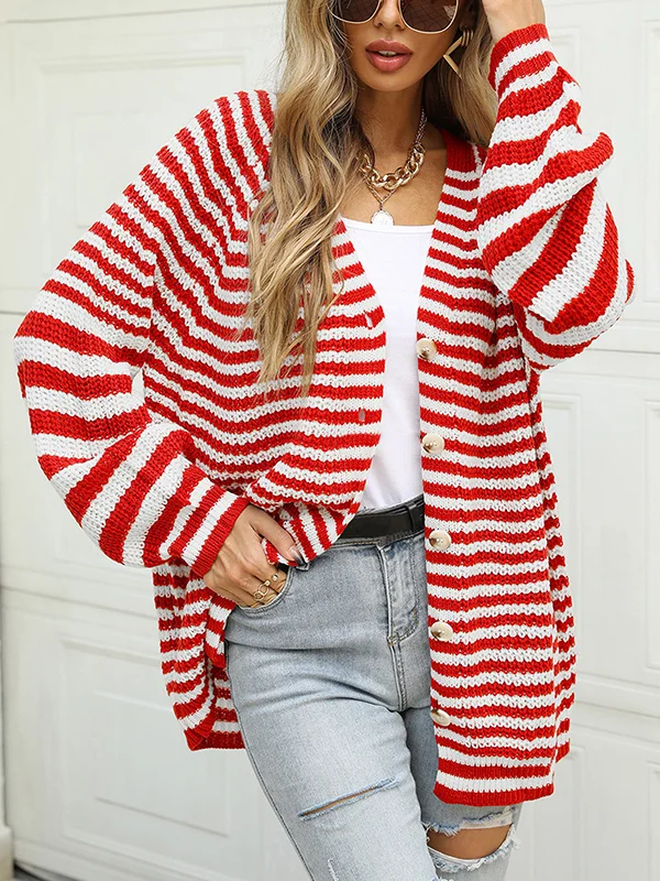 Casual Roomy Long Sleeves Striped V-Neck Cardigan Tops