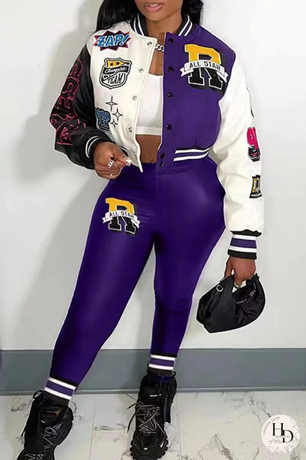 Rose Red Casual Letter Print Patchwork Cardigan O Neck Long Sleeve Two Pieces